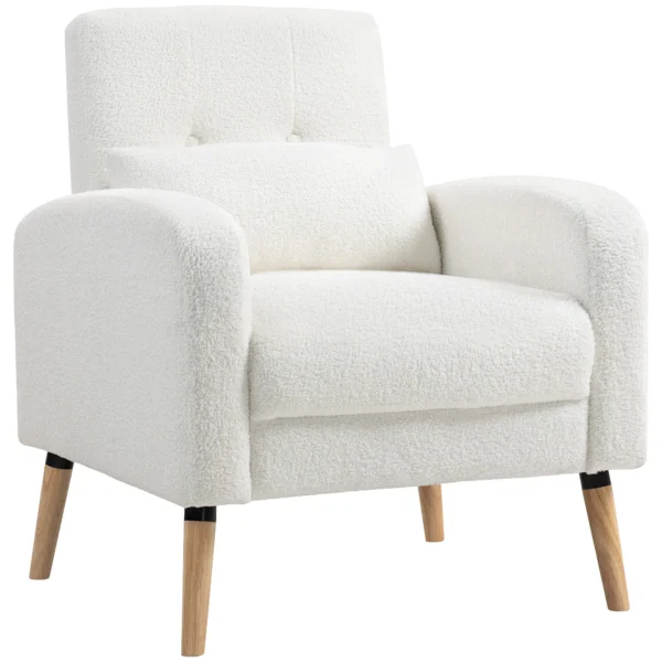 Loungestoel fauteuil met lendenkussen, gestoffeerde fauteuil met houten poten, fleece stof, relaxstoel enkele stoel voor woonkamer, slaapkamer, wit 1