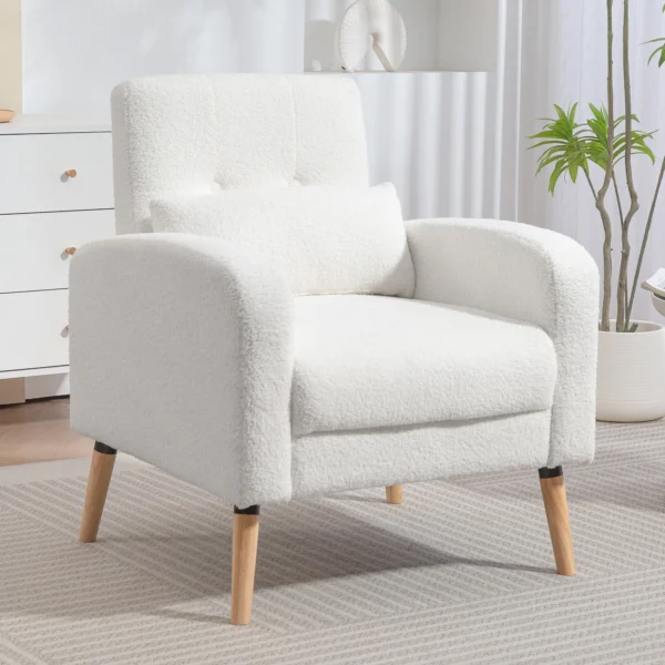 Loungestoel fauteuil met lendenkussen, gestoffeerde fauteuil met houten poten, fleece stof, relaxstoel enkele stoel voor woonkamer, slaapkamer, wit 2