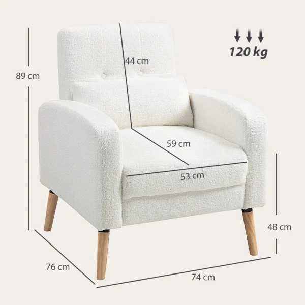 Loungestoel fauteuil met lendenkussen, gestoffeerde fauteuil met houten poten, fleece stof, relaxstoel enkele stoel voor woonkamer, slaapkamer, wit 4