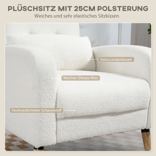 Loungestoel fauteuil met lendenkussen, gestoffeerde fauteuil met houten poten, fleece stof, relaxstoel enkele stoel voor woonkamer, slaapkamer, wit 5