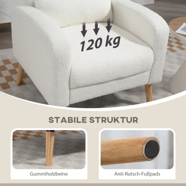 Loungestoel fauteuil met lendenkussen, gestoffeerde fauteuil met houten poten, fleece stof, relaxstoel enkele stoel voor woonkamer, slaapkamer, wit 6
