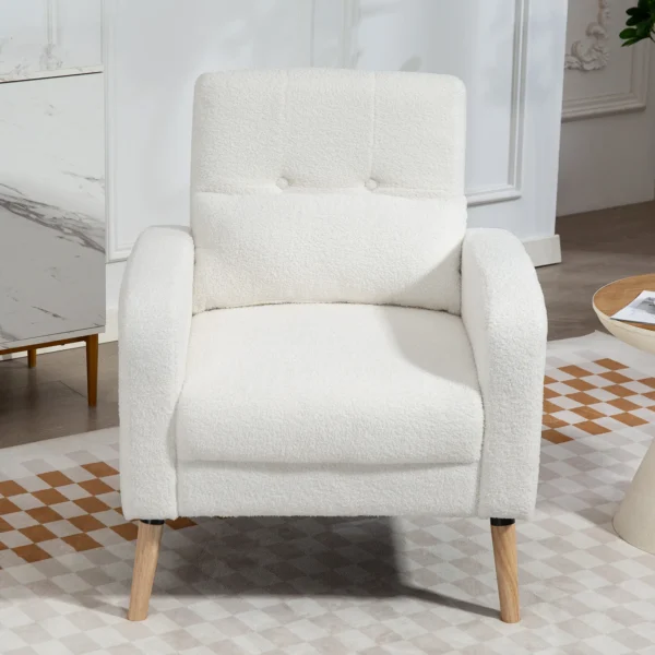 Loungestoel fauteuil met lendenkussen, gestoffeerde fauteuil met houten poten, fleece stof, relaxstoel enkele stoel voor woonkamer, slaapkamer, wit 8