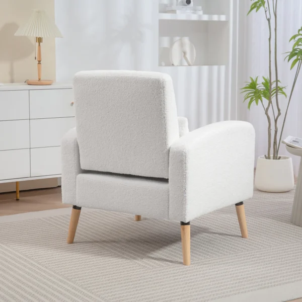 Loungestoel fauteuil met lendenkussen, gestoffeerde fauteuil met houten poten, fleece stof, relaxstoel enkele stoel voor woonkamer, slaapkamer, wit 9