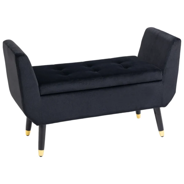 Luxe zitbank gestoffeerde bank met opbergruimte & armleuningen, velvet polyester, rubberhout, zwart, 107x42x65cm voor woonkamer & gang 10