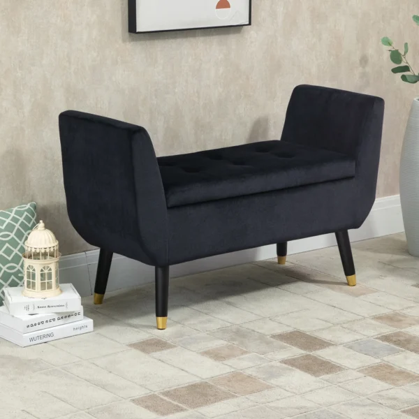 Luxe zitbank gestoffeerde bank met opbergruimte & armleuningen, velvet polyester, rubberhout, zwart, 107x42x65cm voor woonkamer & gang 2