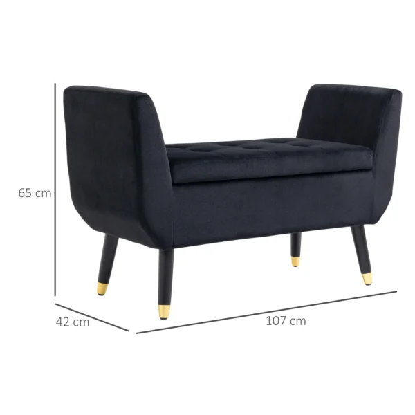 Luxe zitbank gestoffeerde bank met opbergruimte & armleuningen, velvet polyester, rubberhout, zwart, 107x42x65cm voor woonkamer & gang 4