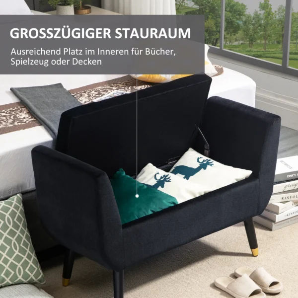 Luxe zitbank gestoffeerde bank met opbergruimte & armleuningen, velvet polyester, rubberhout, zwart, 107x42x65cm voor woonkamer & gang 5