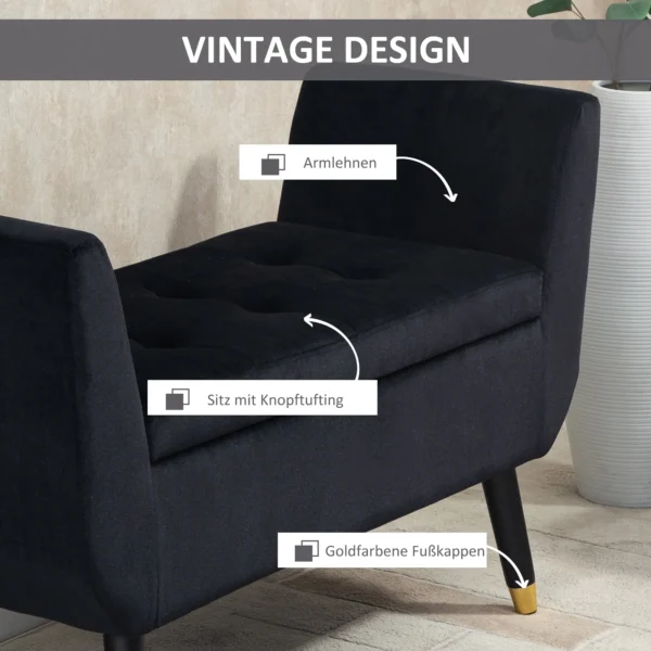 Luxe zitbank gestoffeerde bank met opbergruimte & armleuningen, velvet polyester, rubberhout, zwart, 107x42x65cm voor woonkamer & gang 7