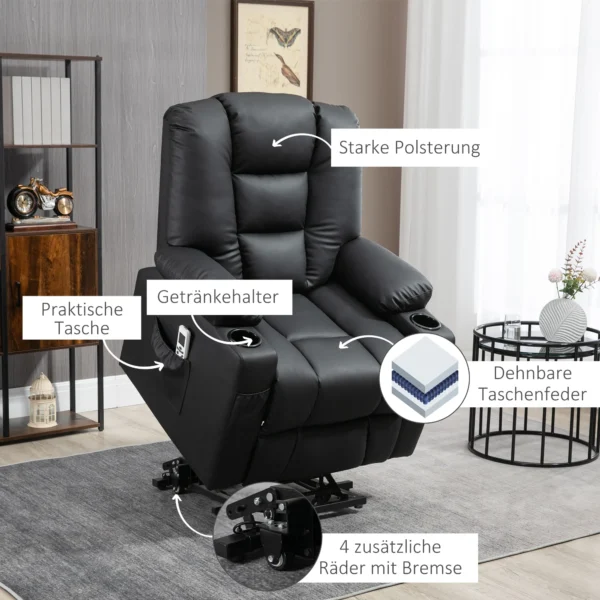 Massagestoel, relaxstoel met opsta hulp, tv stoel met usb aansluiting, met ligfunctie, wielen, afstandsbediening, tot 150 kg, zwart 10
