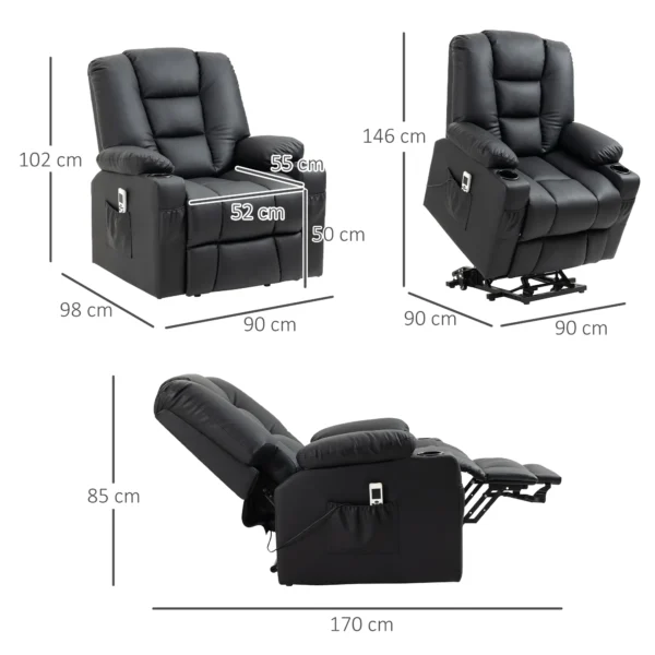 Massagestoel, relaxstoel met opsta hulp, tv stoel met usb aansluiting, met ligfunctie, wielen, afstandsbediening, tot 150 kg, zwart 4