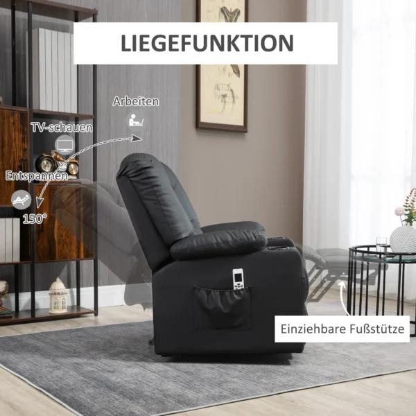 Massagestoel, relaxstoel met opsta hulp, tv stoel met usb aansluiting, met ligfunctie, wielen, afstandsbediening, tot 150 kg, zwart 7