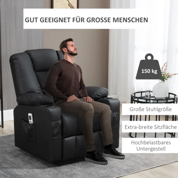 Massagestoel, relaxstoel met opsta hulp, tv stoel met usb aansluiting, met ligfunctie, wielen, afstandsbediening, tot 150 kg, zwart 8