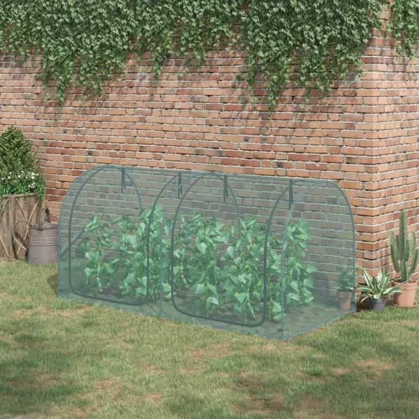 Mini kas 2,49x1,2m plantenbeschermingstent met deur voor tuin & balkon, stalen frame & hdpe net donkergroen 2