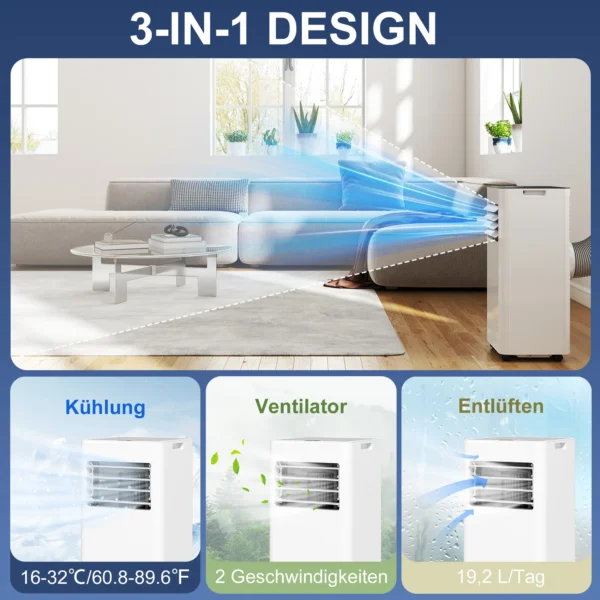 Mobiele airconditioning 3 in 1 klimaatapparaat met koeling, luchtontvochtiger, ventilator, afvoerslang, 7000btu luchtkoeler met 2 snelheden, timer, afstandsbediening, kinderslot, wit 5