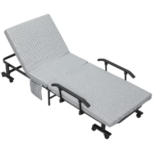Opklapbaar logeerbed met wielen en 5 traps verstelbare rugleuning, reisbed van stalen frame in lichtgrijs en zwart, 190x76x33cm 1