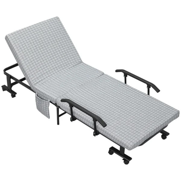 Opklapbaar logeerbed met wielen en 5 traps verstelbare rugleuning, reisbed van stalen frame in lichtgrijs en zwart, 190x76x33cm 1