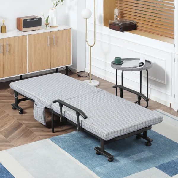 Opklapbaar logeerbed met wielen en 5 traps verstelbare rugleuning, reisbed van stalen frame in lichtgrijs en zwart, 190x76x33cm 2
