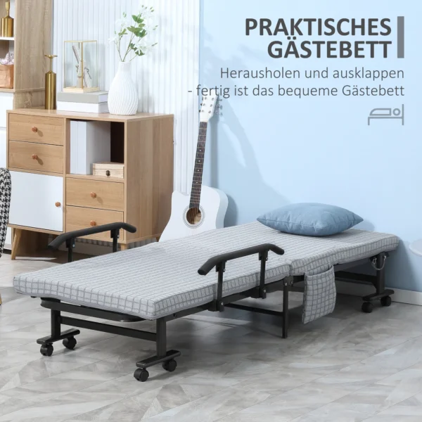Opklapbaar logeerbed met wielen en 5 traps verstelbare rugleuning, reisbed van stalen frame in lichtgrijs en zwart, 190x76x33cm 5