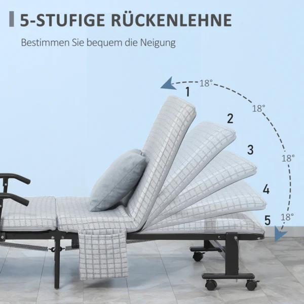Opklapbaar logeerbed met wielen en 5 traps verstelbare rugleuning, reisbed van stalen frame in lichtgrijs en zwart, 190x76x33cm 7