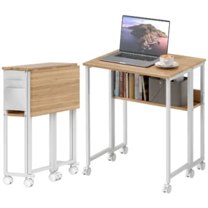 Opklapbare kleine bureau 63 cm met wielen ruimtebesparende computertafel met plank, opbergzak, voor thuis kantoor, natuur 1