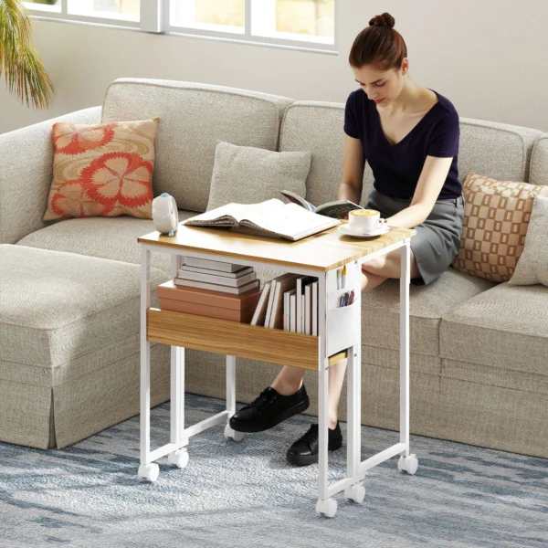 Opklapbare kleine bureau 63 cm met wielen ruimtebesparende computertafel met plank, opbergzak, voor thuis kantoor, natuur 2