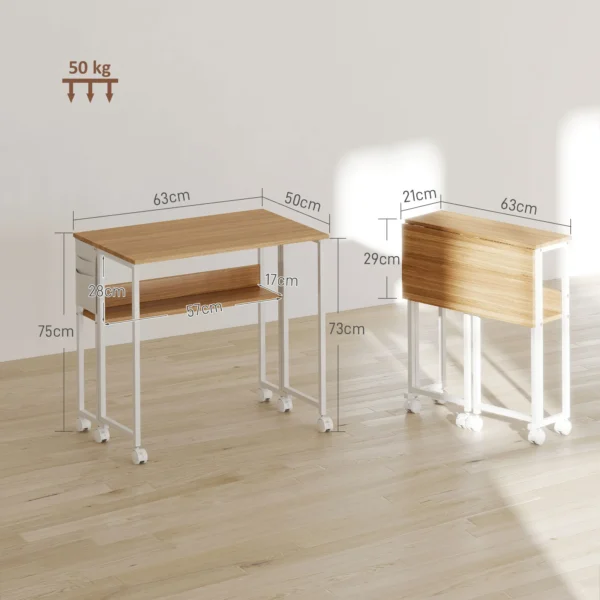 Opklapbare kleine bureau 63 cm met wielen ruimtebesparende computertafel met plank, opbergzak, voor thuis kantoor, natuur 4