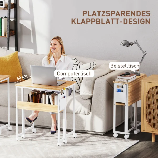 Opklapbare kleine bureau 63 cm met wielen ruimtebesparende computertafel met plank, opbergzak, voor thuis kantoor, natuur 5