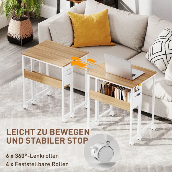Opklapbare kleine bureau 63 cm met wielen ruimtebesparende computertafel met plank, opbergzak, voor thuis kantoor, natuur 7
