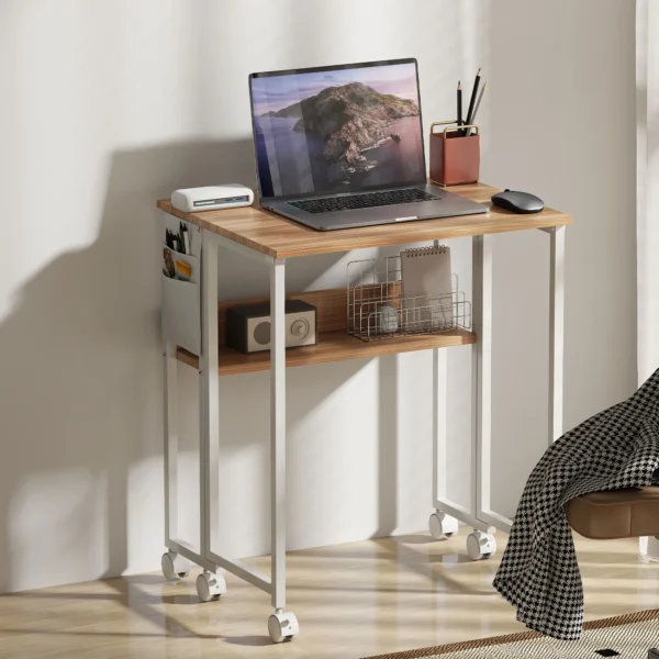 Opklapbare kleine bureau 63 cm met wielen ruimtebesparende computertafel met plank, opbergzak, voor thuis kantoor, natuur 8