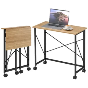 Opklapbare kleine bureau 80 cm met wielen ruimtebesparende computertafel voor thuis kantoor, eiken 1