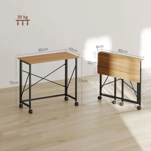Opklapbare kleine bureau 80 cm met wielen ruimtebesparende computertafel voor thuis kantoor, eiken 4