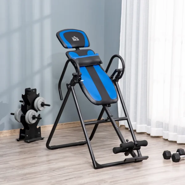 Opvouwbare inversiebank zwaartekrachttrainer met beweegbare wielen en verstelbaar rugkussen, metaal abs zwart blauw 132x71x145cm 2