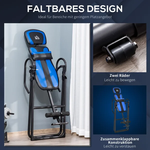 Opvouwbare inversiebank zwaartekrachttrainer met beweegbare wielen en verstelbaar rugkussen, metaal abs zwart blauw 132x71x145cm 5