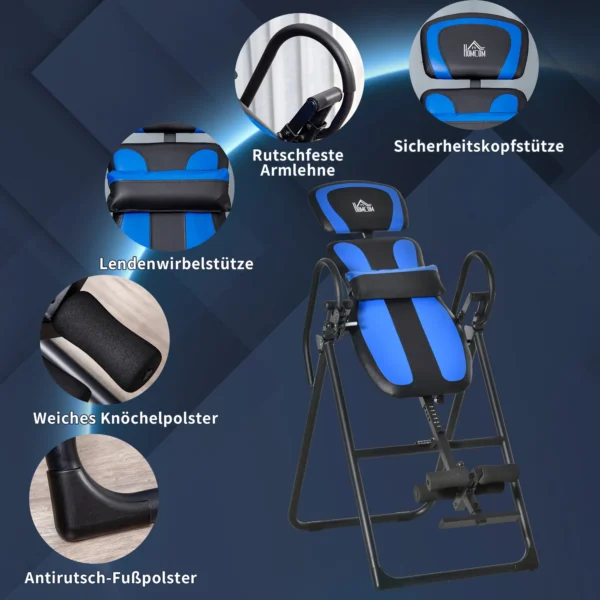 Opvouwbare inversiebank zwaartekrachttrainer met beweegbare wielen en verstelbaar rugkussen, metaal abs zwart blauw 132x71x145cm 6