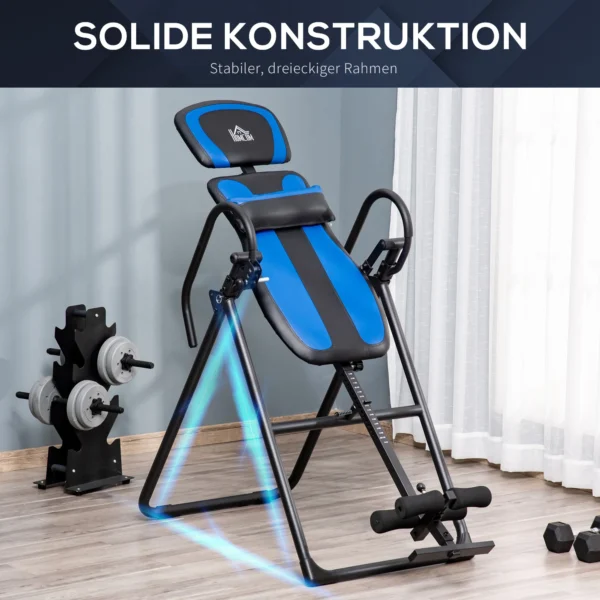 Opvouwbare inversiebank zwaartekrachttrainer met beweegbare wielen en verstelbaar rugkussen, metaal abs zwart blauw 132x71x145cm 7