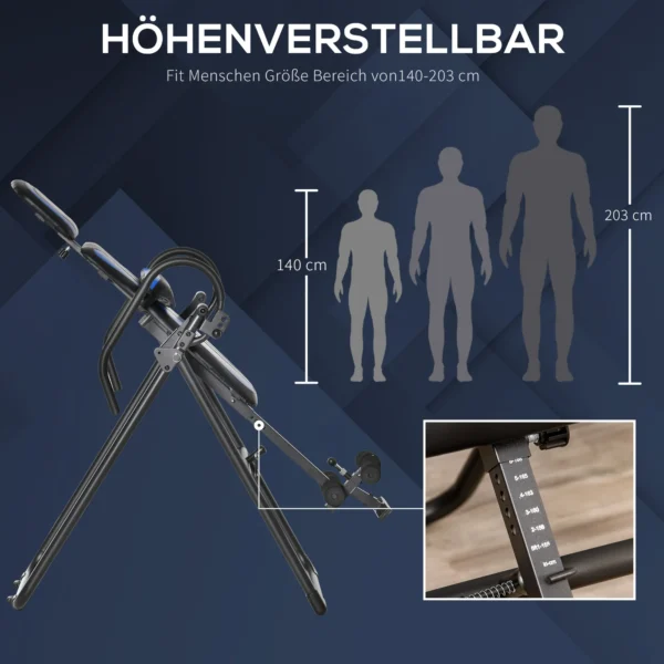 Opvouwbare inversiebank zwaartekrachttrainer met beweegbare wielen en verstelbaar rugkussen, metaal abs zwart blauw 132x71x145cm 8