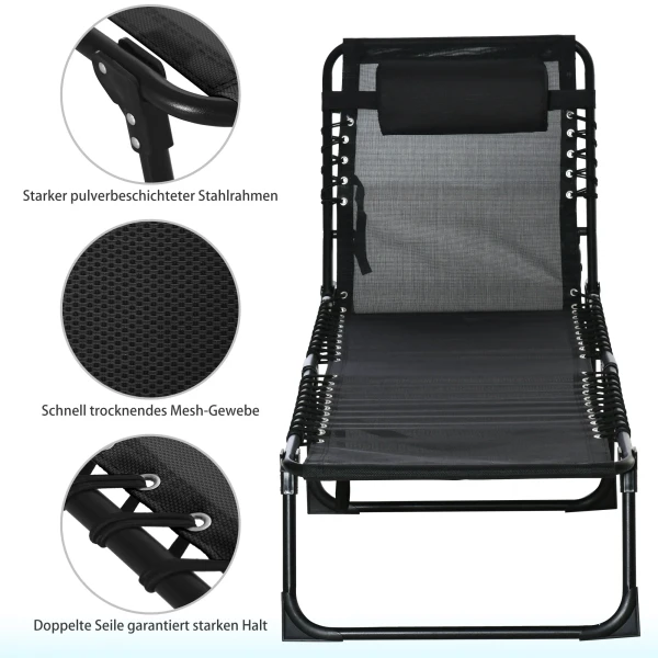 Opvouwbare zonneligstoel tuinligstoel klapligstoel met 4 traps verstelbare rugleuning, staal & mesh stof zwart 197 x 58 x 30 cm 6