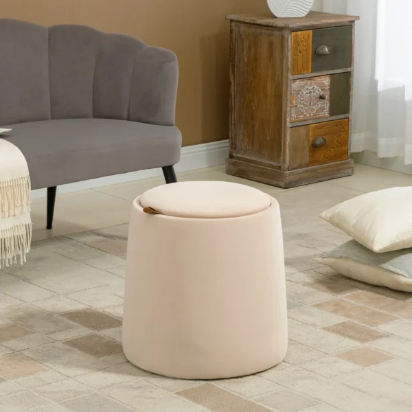 Ottoman ronde zitkruk met opbergruimte in beige fluweelachtige afneembare deksel Ø44cm x 47,5cm als bijzettafel 2