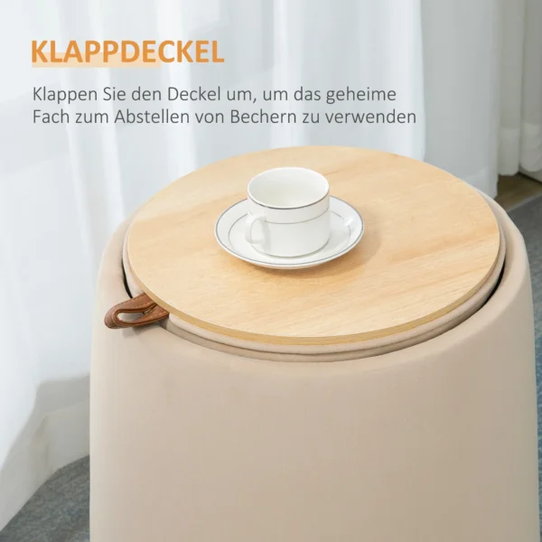 Ottoman ronde zitkruk met opbergruimte in beige fluweelachtige afneembare deksel Ø44cm x 47,5cm als bijzettafel 5