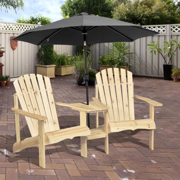 Outsunny adirondack tuinstoel met tafel en parasolgat 2 zits tuinset tuinmeubelen voor balkon van massief hout in natuur 178 x 87 x 92 cm 2