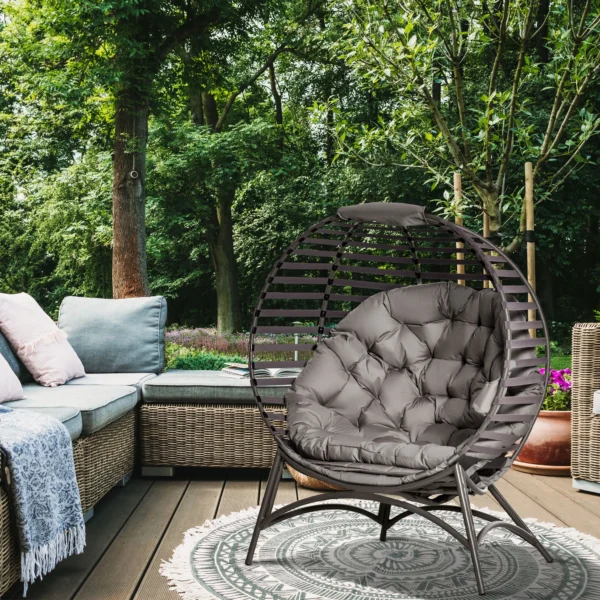 Papasan tuinstoel 2 manden kussen ovaal loungestoel opvouwbaar balkon terras zandbruin staal 118x75x139cm 2
