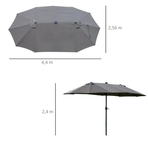Parasol 440 x 260 cm met led verlichting, dubbele parasol met handslinger, ovale terrasparasol van metaal, donkergrijs 4