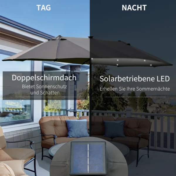 Parasol 440 x 260 cm met led verlichting, dubbele parasol met handslinger, ovale terrasparasol van metaal, donkergrijs 5