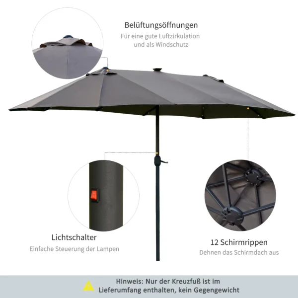 Parasol 440 x 260 cm met led verlichting, dubbele parasol met handslinger, ovale terrasparasol van metaal, donkergrijs 6