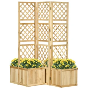 Paravent balkon weerbestendig, 133 x 165 cm, 3 delig, kamerscherm met 4 bloembakken, voor tuin, terras en zwembadgebied, natuurlijke kleur 1