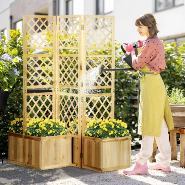 Paravent balkon weerbestendig, 133 x 165 cm, 3 delig, kamerscherm met 4 bloembakken, voor tuin, terras en zwembadgebied, natuurlijke kleur 2