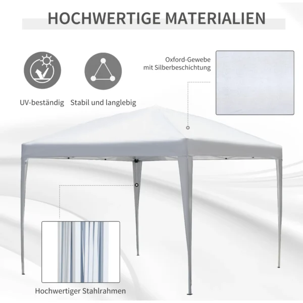 Paviljoen 2,95x2,95m pop up vouwpaviljoen met uv bescherming, opvouwbaar, staal en oxford stof, wit voor tuinfeesten en evenementen 5