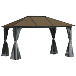 Paviljoen 4x3m tuinpaviljoen gazebo feesttent met zijpanelen en netwanden, pc dak van aluminium in donkergrijs 1