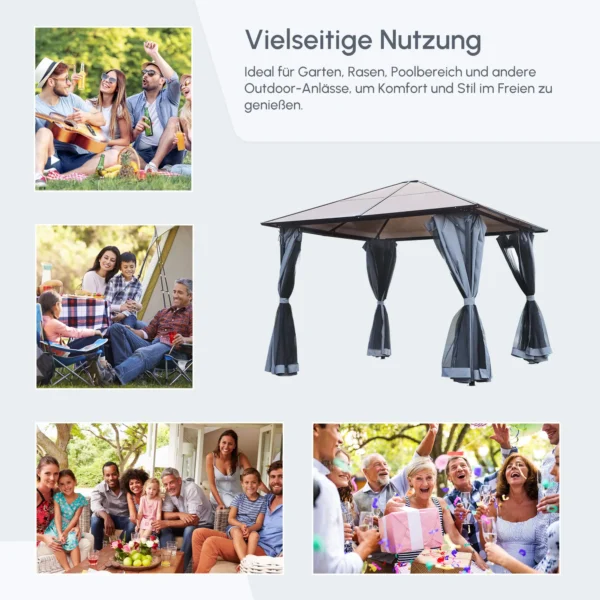 Paviljoen 4x3m tuinpaviljoen gazebo feesttent met zijpanelen en netwanden, pc dak van aluminium in donkergrijs 10