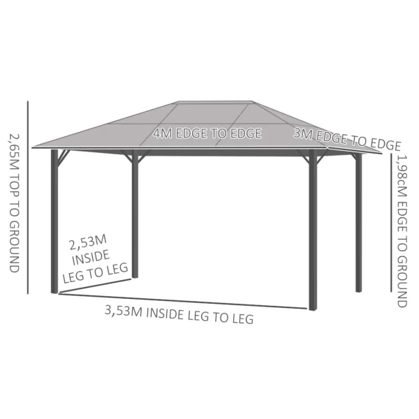 Paviljoen 4x3m tuinpaviljoen gazebo feesttent met zijpanelen en netwanden, pc dak van aluminium in donkergrijs 4